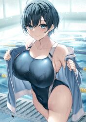 Rule 34 | 1girl, bare shoulders, blue eyes, blue hair, blue jacket, breasts, closed mouth, collarbone, commentary request, competition swimsuit, covered navel, jacket, large breasts, long sleeves, looking at viewer, off shoulder, one-piece swimsuit, open clothes, open jacket, original, pool, short hair, smile, solo, swimsuit, thighs, tomboy, water, xe (execut3r)