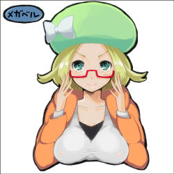 Rule 34 | 1girl, beret, bianca (pokemon), blonde hair, blush, breast mousepad, breasts, collarbone, commentary request, creatures (company), flipped hair, game freak, glasses, green eyes, green hat, hat, lowres, medium breasts, medium hair, megane chuu, mousepad, mousepad (medium), nintendo, pokemon, pokemon bw2, solo