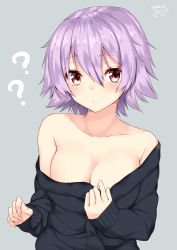 Rule 34 | 10s, 1girl, 2016, ?, absurdres, bare shoulders, black shirt, blush, breasts, buttons, cleavage, clothes pull, collarbone, dated, grey background, hair between eyes, highres, kantai collection, long sleeves, looking at viewer, medium breasts, nebusoku, no bra, off-shoulder, off-shoulder sweater, off shoulder, pink hair, pulling own clothes, purple hair, red eyes, shirt, short hair, signature, simple background, sleeves past wrists, solo, sweater, tama (kancolle), twitter username, undressing, upper body