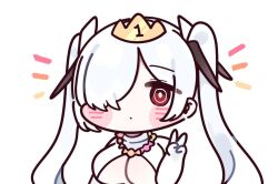 Rule 34 | blush stickers, bodysuit, breasts, chibi, cinderella (nikke), cleavage cutout, clothing cutout, crown, goddess of victory: nikke, large breasts, long hair, red eyes, rosenyang, twintails, v, very long hair, white bodysuit, white hair