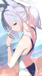 Rule 34 | 1girl, animal ear fluff, animal ears, beach, blue archive, blue eyes, breasts, competition swimsuit, extra ears, floating hair, from side, grey hair, halo, highres, large breasts, looking at viewer, official alternate costume, one-piece swimsuit, parted lips, ponytail, shiroko (blue archive), shiroko (swimsuit) (blue archive), sidelocks, sideways glance, solo, swimsuit, tatara (alnath may), upper body, white background, wolf ears