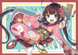 Rule 34 | 10s, 1girl, ahoge, blue eyes, blush, board game, bow, brown hair, commentary request, fingernails, floral print, flower, food, full body, gurasion (gurasion), hagoita, hair flower, hair ornament, hinatsuru ai, holding, japanese clothes, kimono, long hair, long sleeves, looking at viewer, low twintails, mochi, obi, open mouth, outstretched arm, paddle, pinching sleeves, pink kimono, print kimono, red bow, red flower, ryuuou no oshigoto!, sash, shogi, sidelocks, socks, solo, teeth, twintails, upper teeth only, very long hair, wagashi, white socks, wide sleeves