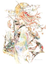 Rule 34 | 1girl, closed eyes, feathers, floating hair, from side, furisode, hair ornament, highres, japanese clothes, kazuka, kimono, leaf, long hair, orange hair, original, painting (medium), solo, traditional media, watercolor (medium), white background, white kimono, wide sleeves, wind
