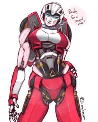 Rule 34 | 1girl, arcee, blue eyes, breasts, english text, hand on own hip, humanoid robot, looking at viewer, mecha, mecha musume, medium breasts, panties, red panties, robot, science fiction, simple background, solo, speech bubble, transformers, transformers: rise of the beasts, transformers (live action), underwear, white background, zicaneborgen