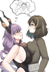 Rule 34 | 2girls, absurdres, arknights, asymmetrical docking, blush, breast press, breasts, fang, from side, grey sweater, highres, horns, huge breasts, large breasts, long hair, long sleeves, looking at viewer, magallan (arknights), multicolored hair, multiple girls, open mouth, profile, purple eyes, purple hair, radioneet, short hair, simple background, skin fang, sleeveless, smile, streaked hair, sweater, thought bubble, typhon (arknights), upper body, very long hair, white background