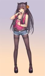 Rule 34 | 1girl, animal ears, bare arms, bare shoulders, belt, bikini, bikini top only, black bikini, black hair, black pantyhose, bracelet, breasts, cat ears, collarbone, cutoffs, denim, denim shorts, ear tag, gradient background, grey eyes, highres, jewelry, pantyhose under shorts, long hair, long legs, looking at viewer, md5 mismatch, microphone, musyne xsk, open mouth, original, pantyhose, shirt, short shorts, shorts, sleeveless, sleeveless shirt, small breasts, smile, solo, swimsuit, thighband pantyhose, tied shirt, torn clothes, torn shorts, very long hair