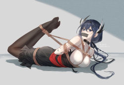 Rule 34 | 1girl, arknights, arms behind back, bare shoulders, bdsm, black pantyhose, black skirt, blue eyes, blue hair, bondage, bound, breasts, cantabile (arknights), chenjiyan y, chinese commentary, commentary request, feather hair, female focus, gag, gagged, grey background, hair between eyes, hair ornament, hairclip, highres, hogtie, improvised gag, large breasts, long hair, looking at viewer, lying, mole, mole under eye, no shoes, on stomach, pantyhose, rope, shirt, skirt, sleeveless, sleeveless shirt, solo, tape, tape gag