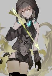 Rule 34 | 1boy, akitama2727, arrow (projectile), asymmetrical gloves, bare shoulders, black gloves, brown hair, brown hood, closed mouth, dress, elbow gloves, gloves, glowing arrow, green eyes, gretel (sinoalice), grey background, hair between eyes, highres, holding, looking at viewer, navel, see-through, see-through dress, short hair, simple background, sinoalice, solo, thighhighs, uneven gloves, yellow thighhighs