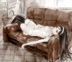 Rule 34 | 10s, 1girl, black hair, black thighhighs, blue eyes, bracelet, couch, hairband, jewelry, kumashiro maya, long hair, lying, on back, plant, potted plant, roncele, seikimatsu occult gakuin, sketch, solo, thighhighs