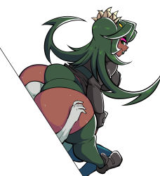 Rule 34 | 1boy, 1girl, absurdres, against wall, alternate hair color, ass, bent over, breasts, dark skin, face in ass, fukua (skullgirls), gerard burn, green eyes, green hair, green panties, green thighhighs, highres, huge ass, long hair, looking at another, looking back, panties, shoes, sideboob, skullgirls, smile, sweat, thick thighs, thighhighs, thighs, underwear, white background, wide hips