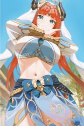 Rule 34 | 1girl, absurdres, blue eyes, blue sky, blunt bangs, blurry, blurry background, breasts, closed mouth, day, genshin impact, harem outfit, highres, large breasts, long hair, looking at viewer, midriff, navel, nilou (genshin impact), nvl, outdoors, palm tree, red hair, sky, smile, solo, stomach, tree, twitter username, white headdress