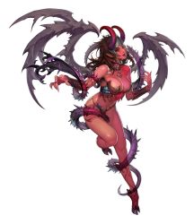 Rule 34 | 1girl, akasha (chaos online), artist request, breasts, brown hair, chaos online, colored skin, demon girl, fangs, fingernails, full body, highres, hooves, horns, long fingernails, long hair, official art, purple lips, red eyes, red skin, solo, tail, tongue, tongue out, transparent background, wings