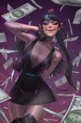 Rule 34 | 1girl, arm behind back, banknote, black dress, black footwear, black gloves, black hair, blue hair, blush stickers, boots, breasts, cleavage, commentary, dc comics, dress, earrings, english commentary, finger to neck, gloves, highres, holding, holding knife, holding weapon, jee-hyung lee, jewelry, knife, large breasts, long hair, looking at viewer, money, money rain, multicolored hair, necklace, pantyhose, ponytail, punchline (dc), purple background, see-through, see-through shirt, shirt, short dress, signature, sleeveless, sleeveless dress, solo, streaked hair, thigh boots, torn clothes, torn pantyhose, torn shirt, weapon
