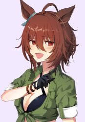 Rule 34 | 1girl, agnes tachyon (lunatic lab) (umamusume), agnes tachyon (umamusume), animal ears, bikini, bikini under clothes, black bikini, black gloves, blush, breasts, brown hair, cleavage, collared jacket, gloves, green jacket, hair between eyes, hand up, horse ears, jacket, looking at viewer, medium breasts, nazuka (mikkamisaki), open mouth, pouch, red eyes, short hair, short sleeves, simple background, smi, smile, solo, swimsuit, tied jacket, umamusume, upper body, wristband