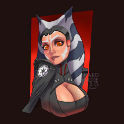 Rule 34 | 1girl, ahsoka tano, alien, bad end, black cape, breasts, brown lips, cape, cleavage, cleavage cutout, clothing cutout, colored skin, commentary, english commentary, galactic empire, hardmode nrg, large breasts, looking at viewer, military, military uniform, nose, orange eyes, orange skin, paid reward available, red eyes, simple background, sith, star wars, tentacle hair, togruta, uniform, upper body