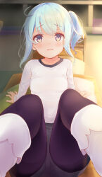 Rule 34 | 1girl, ahoge, black pantyhose, blue eyes, blue hair, blush, boots, breasts, cameltoe, chair, d:, foreshortening, furrowed brow, grey shorts, highres, indoors, komone ushio, light blue hair, long sleeves, looking at viewer, looking up, open mouth, original, pantyhose, pillow, shirt, shorts, side ponytail, sitting, small breasts, solo, taut clothes, taut shirt, tearing up, thighs, white footwear, white shirt
