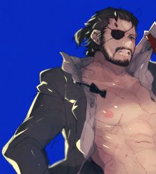 Rule 34 | 1boy, abs, bara, beard, blue background, eyepatch, facial hair, male focus, metal gear (series), metal gear solid v: the phantom pain, muscular, norasame (dagako), pectorals, scar, simple background, solo, tagme, undressing, venom snake