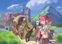 Rule 34 | 1girl, absurdres, armor, belt, blue eyes, bracer, breastplate, bridge, building, bull, cloud, cloudy sky, covered wagon, day, elf, guyrys, heterochromia, highres, hololive, hololive english, horns, irys (hololive), long hair, mercenary, midriff, mountain, multicolored hair, nature, navel, outdoors, pointy ears, ponytail, red hair, scenery, shield, shift (shiftillust), sky, sword, very long hair, virtual youtuber, weapon