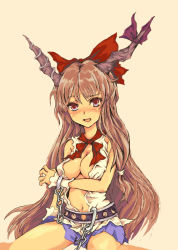 Rule 34 | 1girl, bow, breasts, brown hair, chain, cleavage, female focus, hair bow, horns, ibuki suika, long hair, navel, open clothes, open shirt, red eyes, shirt, simple background, siu (hn495), solo, touhou