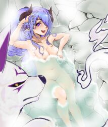 Rule 34 | 1girl, :d, blue hair, braid, breasts, completely nude, curled horns, groin, hair over one eye, hand in own hair, horns, ke&#039;ai de qian jue, kindred (league of legends), lamb (league of legends), large breasts, league of legends, long hair, navel, nipples, nude, official alternate hairstyle, onsen, open mouth, pointy ears, ponytail, sitting, smile, spirit blossom kindred, steam, teeth, upper teeth only, water, wolf (league of legends)