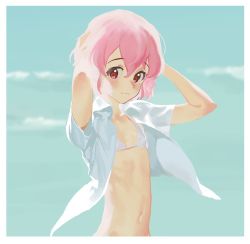 Rule 34 | 1boy, armpit peek, arms up, bad id, bad pixiv id, bikini, blush, braid, crossdressing, reona west, looking at viewer, male focus, mole, mole under eye, navel, open clothes, open shirt, pink eyes, pink hair, pretty series, pripara, rr (suisse200), shirt, short hair, smile, solo, swimsuit, trap