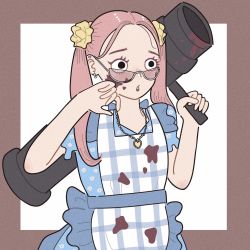 Rule 34 | 1girl, apron, bad id, bad twitter id, black eyes, border, brown border, cannon, ear piercing, earrings, frilled apron, frills, hands up, heart, heart necklace, highres, holding, holding weapon, hoppe illust, jewelry, long hair, necklace, original, piercing, pink hair, plaid, plaid apron, short sleeves, solo, twintails, upper body, valentine, weapon, white background