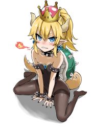 Rule 34 | 1girl, aged down, armlet, asanagi, baby bowser, bare shoulders, between legs, black pantyhose, blonde hair, blue eyes, blue gemstone, blush, bowser, bowsette, bracelet, breath weapon, breathing fire, collar, crown, earrings, fire, flat chest, gem, hair between eyes, hand between legs, highres, horns, jewelry, leotard, lizard tail, looking at viewer, mario (series), new super mario bros. u deluxe, nintendo, no shoes, pantyhose, pointy ears, ponytail, scowl, sharp teeth, simple background, sitting, solo, spiked armlet, spiked bracelet, spiked collar, spikes, spread legs, super crown, tail, teeth, thighband pantyhose, v-shaped eyebrows, wariza, white background, white leotard