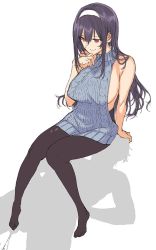 Rule 34 | 1boy, 1girl, aran sweater, backless outfit, bare shoulders, black hair, black pantyhose, breasts, cable knit, footjob, full body, hairband, hand on another&#039;s head, hand to own mouth, hetero, kasumigaoka utaha, katsurai yoshiaki, large breasts, long hair, meme attire, no shoes, pantyhose, penis, red eyes, ribbed sweater, saenai heroine no sodatekata, sidelocks, simple background, smile, sweater, turtleneck, turtleneck sweater, white background
