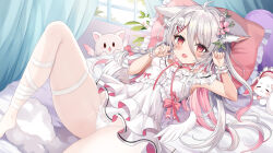 Rule 34 | 1girl, :d, animal ear fluff, animal ears, bare shoulders, barefoot, breasts, commentary request, copyright request, day, dress, feathered wings, frilled dress, frilled pillow, frills, grey hair, hair between eyes, hands up, indoors, long hair, low wings, lying, multicolored hair, off-shoulder dress, off shoulder, on back, on bed, open mouth, panties, pillow, pink hair, red eyes, retsuto, small breasts, smile, solo, two-tone hair, underwear, very long hair, virtual youtuber, white dress, white panties, white wings, window, wings, wrist cuffs