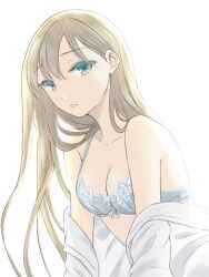 Rule 34 | 1girl, blonde hair, blue eyes, bow, bow bra, bra, breasts, cleavage, commentary, grey bra, lace, lace-trimmed bra, lace trim, leaning forward, long hair, long sleeves, looking at viewer, medium breasts, off shoulder, open clothes, open shirt, original, osumi izumi, parted lips, shirt, simple background, solo, underwear, white background, white shirt