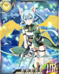 Rule 34 | 10s, 1girl, animal ears, armor, black ribbon, black shorts, blue eyes, blue hair, bow (weapon), breastplate, card (medium), cat ears, cat tail, hair ribbon, holding, holding weapon, looking at viewer, matching hair/eyes, midriff, ribbon, short hair with long locks, short shorts, shorts, sidelocks, sinon, sinon (sao-alo), smile, solo, star (symbol), sword art online, tail, weapon