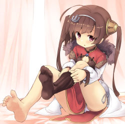 Rule 34 | 1girl, :o, anchor hair ornament, azur lane, bare legs, barefoot, black socks, blush, breasts, brown hair, cleavage cutout, clothing cutout, dress, dressing, feet, foreshortening, full body, hair ornament, hairpods, leg up, long hair, long sleeves, looking at viewer, noa (nagareboshi), off shoulder, open clothes, panties, pantyshot, parted lips, ping hai (azur lane), pink eyes, red dress, red eyes, side-tie panties, single sock, sitting, socks, soles, solo, tareme, toes, two side up, underwear