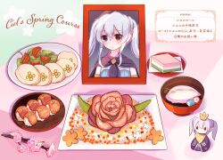 Rule 34 | 1girl, blue eyes, blush, cannibalism, cape, character doll, closed mouth, commentary, drawing (object), english text, food, guro, heterochromia, highres, long hair, menu, original, pussy, red eyes, salad, sushi, table, translation request, uterus
