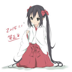 Rule 34 | 10s, 1girl, 2015, black eyes, black hair, core (mayomayo), dated, japanese clothes, k-on!, long hair, miko, nakano azusa, new year, twintails