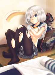 Rule 34 | 10s, 1girl, black pantyhose, blue eyes, blush, breasts, covering privates, covering breasts, crossed legs, feet, gloves, hair ornament, hair over one eye, hairclip, hamakaze (kancolle), highres, infinote, kantai collection, large breasts, looking at viewer, no shoes, pantyhose, personification, pleated skirt, school uniform, serafuku, short hair, silver hair, skirt, solo, torn clothes, torn pantyhose, white gloves