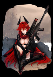 Rule 34 | 1girl, absurdres, anti-materiel rifle, between breasts, black footwear, black gloves, black jacket, black pants, boots, breasts, bullpup, cleavage, commentary, cropped jacket, crotch plate, fingerless gloves, full body, gloves, goddess of victory: nikke, gun, hair between eyes, high heel boots, high heels, highres, hip vent, holding, holding gun, holding weapon, horns, jacket, large breasts, leather, leather jacket, leather pants, long hair, long sleeves, looking at viewer, mechanical horns, midriff, nunti (0726), pants, parted lips, red hair, red hood (nikke), red scarf, rifle, scarf, shadow, sidelocks, sitting, sniper rifle, solo, spread legs, strap between breasts, unzipped, very long hair, weapon, wet, yellow eyes