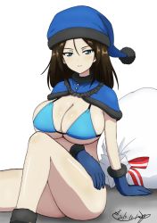 Rule 34 | 1girl, arm across waist, bikini, black hair, blue bikini, blue capelet, blue eyes, blue hat, blush, breasts, bukkuri, capelet, cleavage, commentary request, dated, feet out of frame, frills, girls und panzer, hat, highres, knee up, large breasts, looking at viewer, nonna (girls und panzer), parted lips, sack, santa bikini, santa hat, simple background, sitting, smile, solo, string bikini, swimsuit, white background