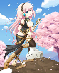 Rule 34 | 1girl, absurdres, bad id, bad pixiv id, black thighhighs, blue eyes, boots, breasts, cherry blossoms, cleavage, detached sleeves, headphones, headset, highres, kanyoko, large breasts, long hair, long skirt, megurine luka, microphone, microphone stand, music, nail polish, open mouth, pink hair, side slit, singing, skirt, solo, thighhighs, vocaloid
