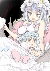 Rule 34 | 2girls, bat wings, blue hair, book, bow, breast rest, breasts, breasts on head, chikado, colorized, crescent, dress, fang, flat color, hair bow, hat, light purple hair, long hair, lying on person, mob cap, multiple girls, open book, open mouth, patchouli knowledge, puffy sleeves, red eyes, remilia scarlet, short hair, short sleeves, sitting, sketch, sleeveless, touhou, wings