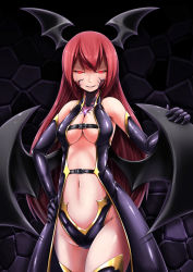 Rule 34 | &gt;:), 1girl, bare shoulders, black gloves, breasts, cowboy shot, dark persona, demon girl, demon wings, elbow gloves, evil smile, gloves, glowing, glowing eyes, gold trim, hand on own hip, head wings, highres, inyuppo, koakuma, latex, latex gloves, looking at viewer, medium breasts, navel, parted lips, red eyes, red hair, revealing clothes, shiny clothes, smile, solo, stomach, strap, tattoo, thighhighs, touhou, tsurime, v-shaped eyebrows, wings