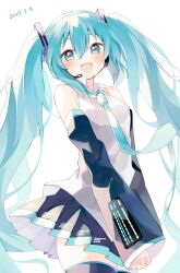 Rule 34 | 1girl, blue eyes, blue hair, blush, collared shirt, cowboy shot, dated, detached sleeves, hair ornament, hatsune miku, headset, highres, long hair, long sleeves, looking at viewer, mani (second-dimension), necktie, open mouth, pleated skirt, shirt, skirt, sleeveless, sleeveless shirt, smile, solo, thighhighs, twintails, very long hair, vocaloid