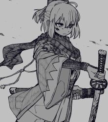 Rule 34 | 1girl, blood, blood on face, bone nig, bow, closed mouth, expressionless, fate/grand order, fate (series), greyscale, hair bow, haori, hatching (texture), highres, holding, holding sword, holding weapon, japanese clothes, katana, kimono, long sleeves, looking to the side, monochrome, okita souji (fate), okita souji (koha-ace), ponytail, scarf, sheath, short hair, solo, sword, upper body, weapon, wide sleeves