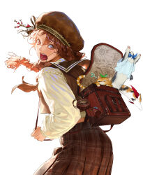 Rule 34 | 1girl, absurdres, backpack, bag, blue ribbon, braid, brown eyes, brown hair, brown neckerchief, brown ribbon, brown skirt, brown vest, cat, floating hair, hat, hat ribbon, heo sung-moo, highres, leaf, leaf on head, long hair, looking back, musical note, neckerchief, open mouth, original, plaid, plaid skirt, pleated skirt, red ribbon, ribbon, sailor collar, shirt, simple background, skirt, solo, surprised, tassel, vest, white background, white shirt