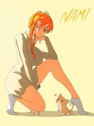 Rule 34 | 1girl, absurdres, arm between legs, braid, breasts, cat, character name, commentary, dress, earrings, english commentary, eyelashes, from side, full body, grey dress, hand on own chin, heart, highres, jewelry, large breasts, long sleeves, looking down, nami (one piece), no shoes, one piece, opalis, orange hair, parted lips, profile, red eyes, shadow, short dress, short hair with long locks, simple background, socks, solo, squatting, taut clothes, taut dress, tiptoes, triangle earrings, twin braids, white socks, yellow background