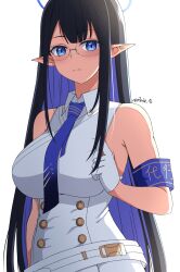 Rule 34 | 1girl, belt, black hair, blue archive, blue eyes, blue hair, blue necktie, breasts, coat, collared dress, colored inner hair, dress, glasses, gloves, halo, hand in own hair, hand up, highres, large breasts, long hair, multicolored hair, necktie, pantyhose, pointy ears, reia 76, rin (blue archive), semi-rimless eyewear, solo, very long hair, weapon, white background, white belt, white coat, white gloves