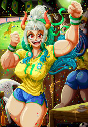 Rule 34 | 2boys, 2girls, alcohol, anger vein, angry, ass, ball, biceps, blue bracelet, blue hair, blue shorts, bottle, bracelet, brazier, brazil, brazilian cachau00e7a pirassununga 51, brazilian flag, brazuca, breasts, choko (cup), cup, football field, giraffe, green hair, hair tie, happy, highres, horns, jewelry, kaku (one piece), large breasts, long hair, looking at viewer, middle finger, multicolored hair, multiple boys, multiple girls, muscular, muscular arms, muscular female, muscular legs, nipples visible through clothes, one piece, open mouth, red eyes, red horns, roronoa zoro, sake, sake bottle, shirt, shorts, soccer ball, aqua hair, ulti (one piece), white hair, wristband, yamato (one piece), yellow bracelet, yellow shirt