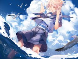 Rule 34 | 1boy, bird, blonde hair, closed eyes, cloud, day, kagamine len, male focus, ocean, okidokei, open mouth, sailor collar, seagull, shirt, short ponytail, shorts, solo, striped clothes, striped shirt, suspenders, vocaloid