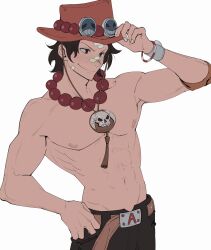 Rule 34 | 1boy, abs, absurdres, bandaid, bandaid on face, bandaid on nose, bead necklace, beads, belt, black shorts, bracelet, closed mouth, cowboy hat, from side, hand on own hip, hat, highres, iago fn, jewelry, leaning back, log pose, looking ahead, male focus, muscular, muscular male, navel, necklace, nipples, nose, one piece, pectorals, portgas d. ace, shorts, simple background, smile, smiley face, solo, standing, topless male, v-shaped eyebrows, white background