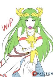 Rule 34 | 1girl, arm under breasts, artist name, breast hold, breasts, condom, condom in mouth, dress, green eyes, green hair, hand on own leg, hand on own thigh, hand on thigh, highres, kid icarus, large breasts, leaning forward, mouth hold, nintendo, palutena, revista-paradoja, seductive smile, smile, solo