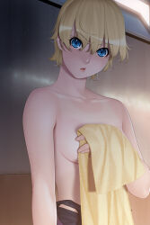 Rule 34 | 1girl, blonde hair, blue eyes, breasts, clothes down, covering breasts, covering privates, holding, holding towel, indoors, ino (magloid), looking at viewer, one-piece swimsuit, otome function, parted lips, short hair, small breasts, solo, swimsuit, tatiana vasilievna stalina, towel, upper body